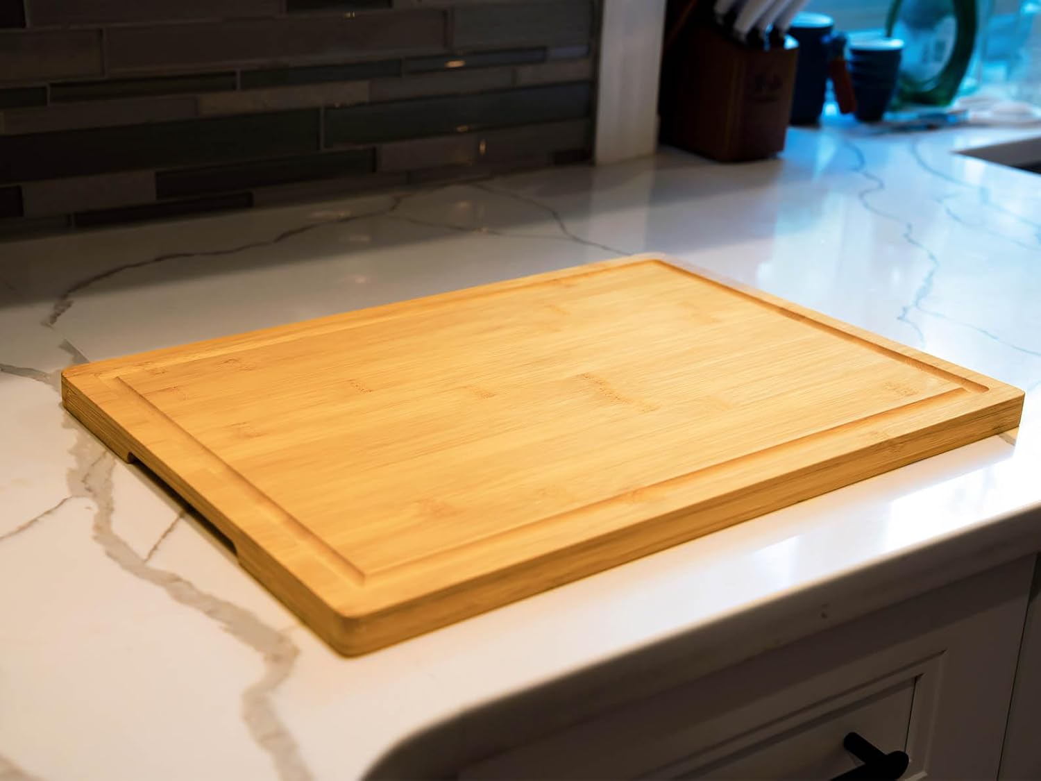 18"x12" Extra-Large Bamboo Cutting Board with Deep Juice Grooves & Side Handles – Multi-Purpose Kitchen Essential