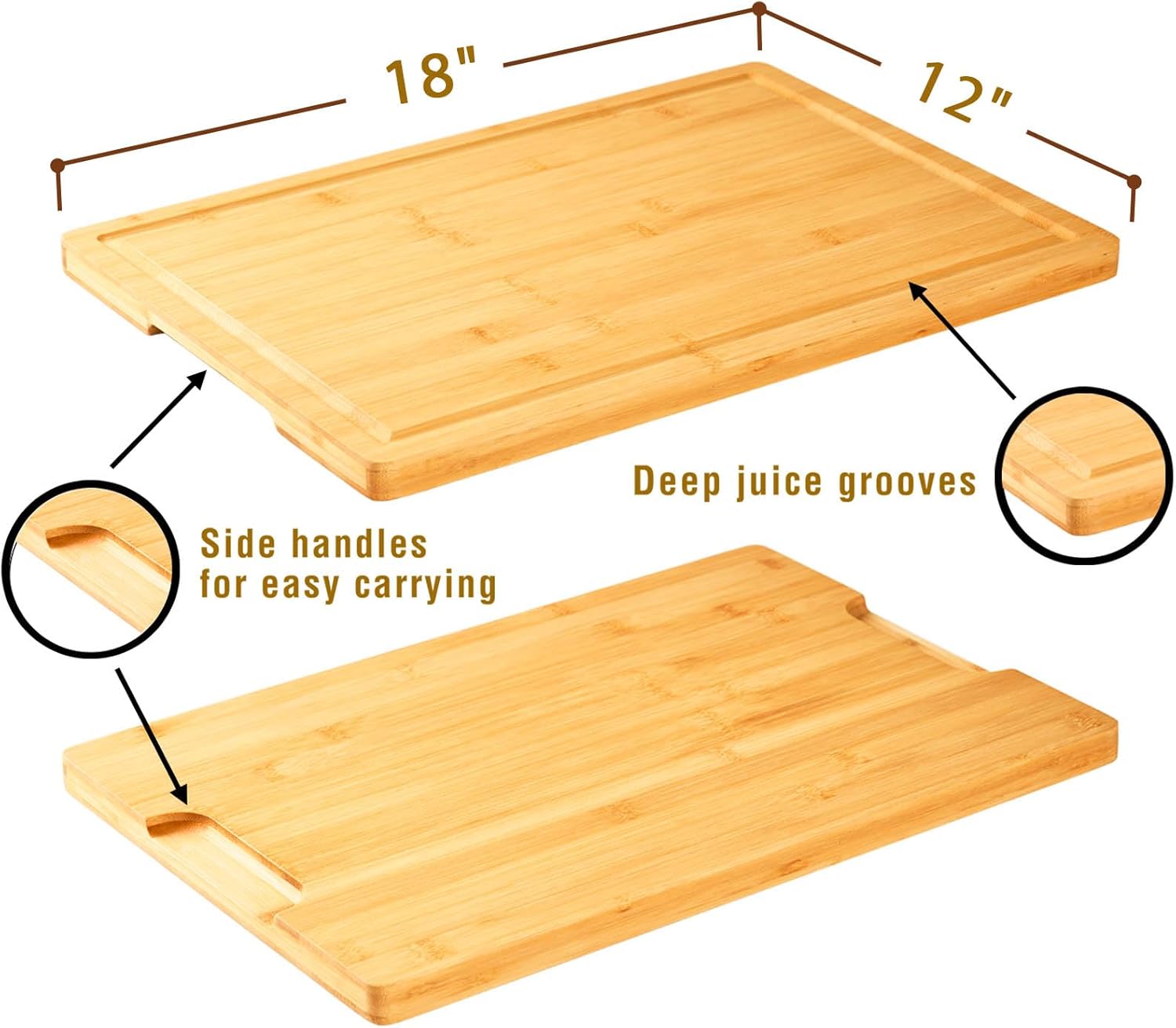 18"x12" Extra-Large Bamboo Cutting Board with Deep Juice Grooves & Side Handles – Multi-Purpose Kitchen Essential